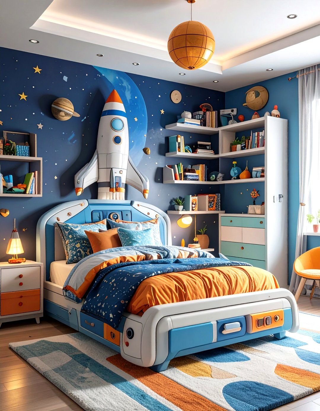 Kids bedroom with space rocket theme design