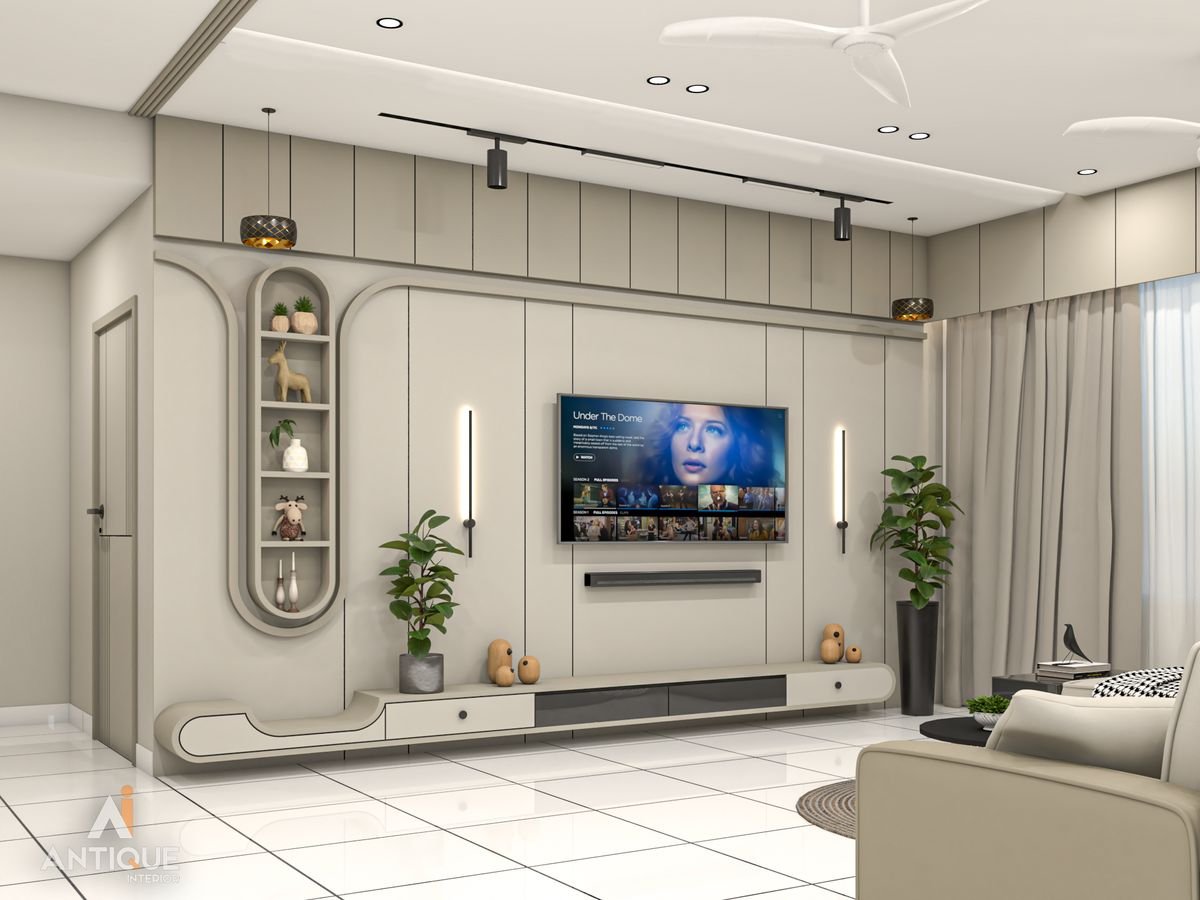 Living room with circular gold-ring TV wall design