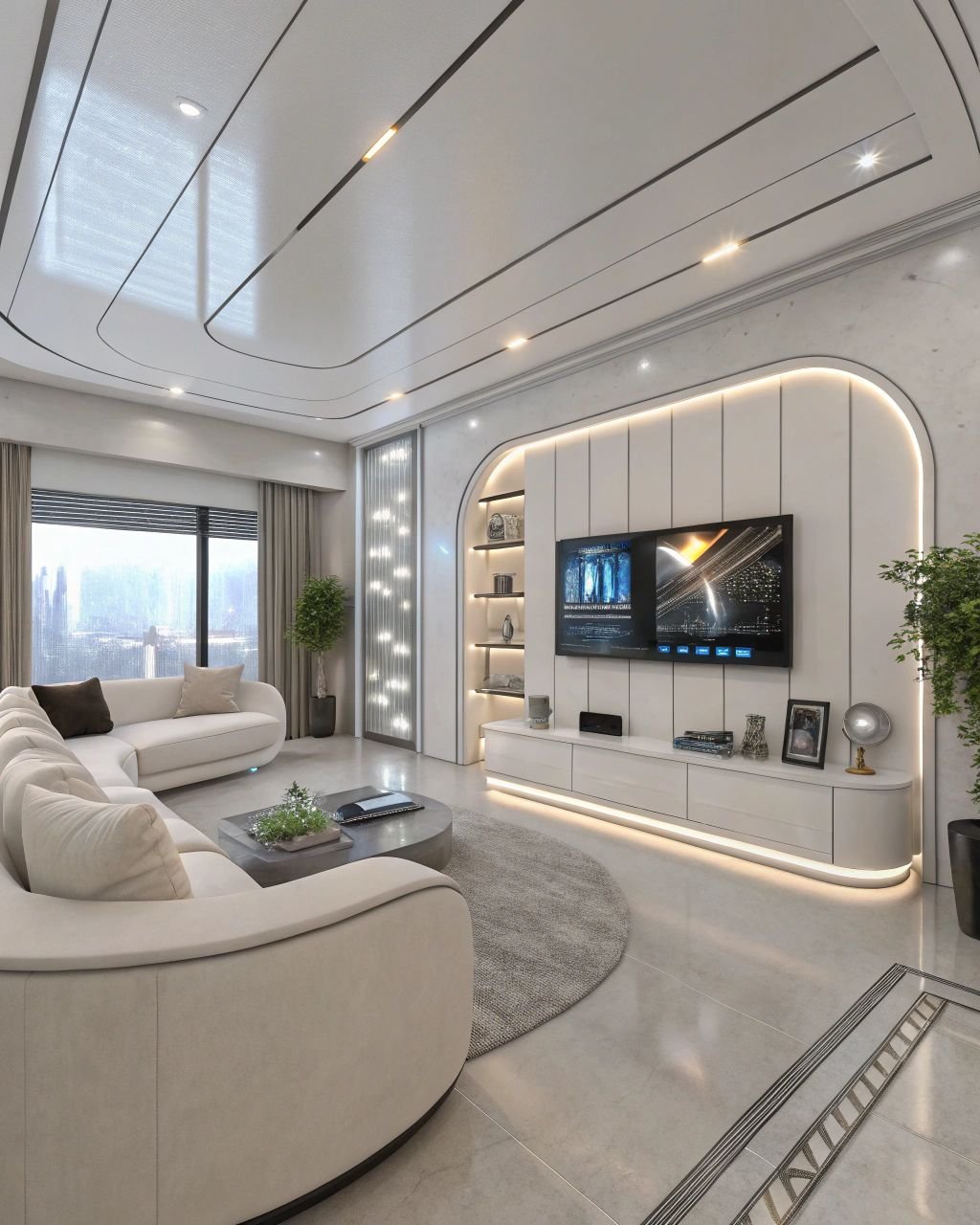 Living room with curved TV unit design