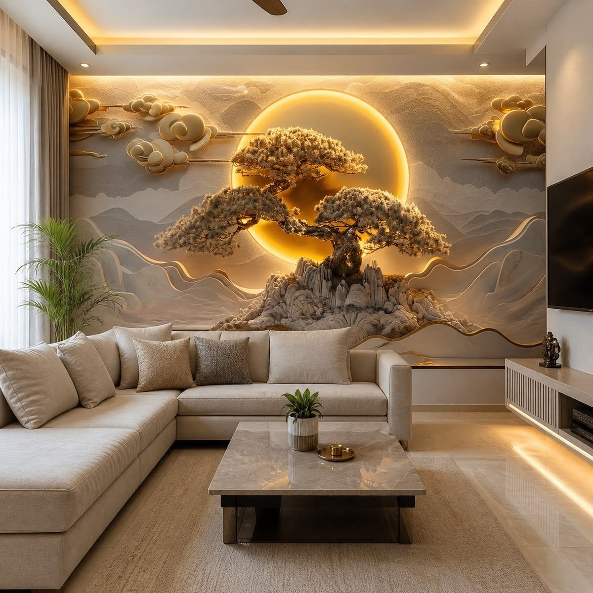 TV unit with warm-lit stone accent wall